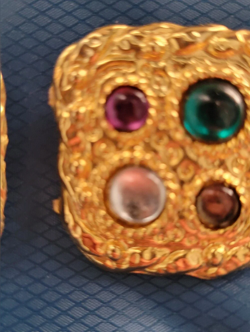 Vtg Gold-Tone Square Clip-On Statement 80s Earnings Green, Purple, Blue Accents
